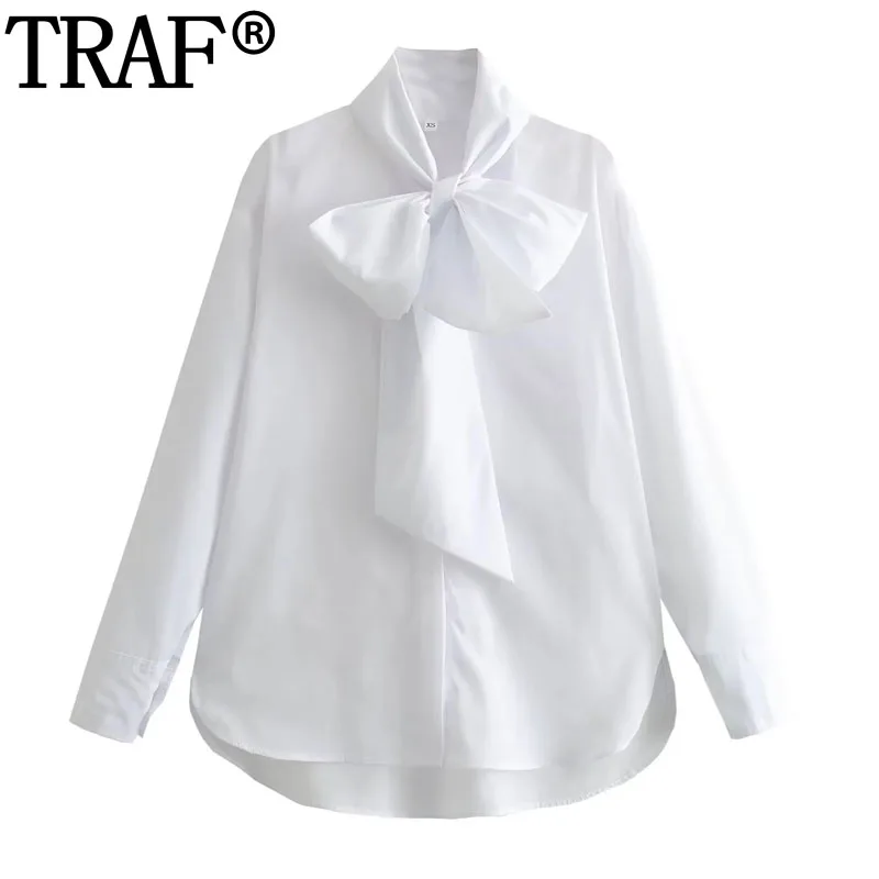 TRAF Bow White Shirt Woman Button Up Elegant Blouse For Women Autumn Spring Long Sleeve Shirts And Blouses Casual Women's Shirt