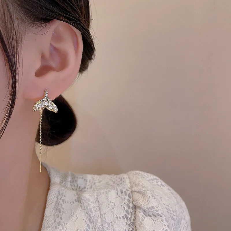 Fashion Long Tassel Ear Line Earrings For Women Korean Temperament Crystal Fish Tail Drop Earrings Girls Daily Party Jewelry