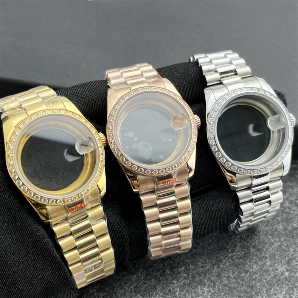 

Новый корпус с кристаллами и бриллиантами NH35, 36 мм, безель со стразами, набор ремешков для часов из нержавеющей стали, для механизма NH35A NH36 4R35A 4R36A