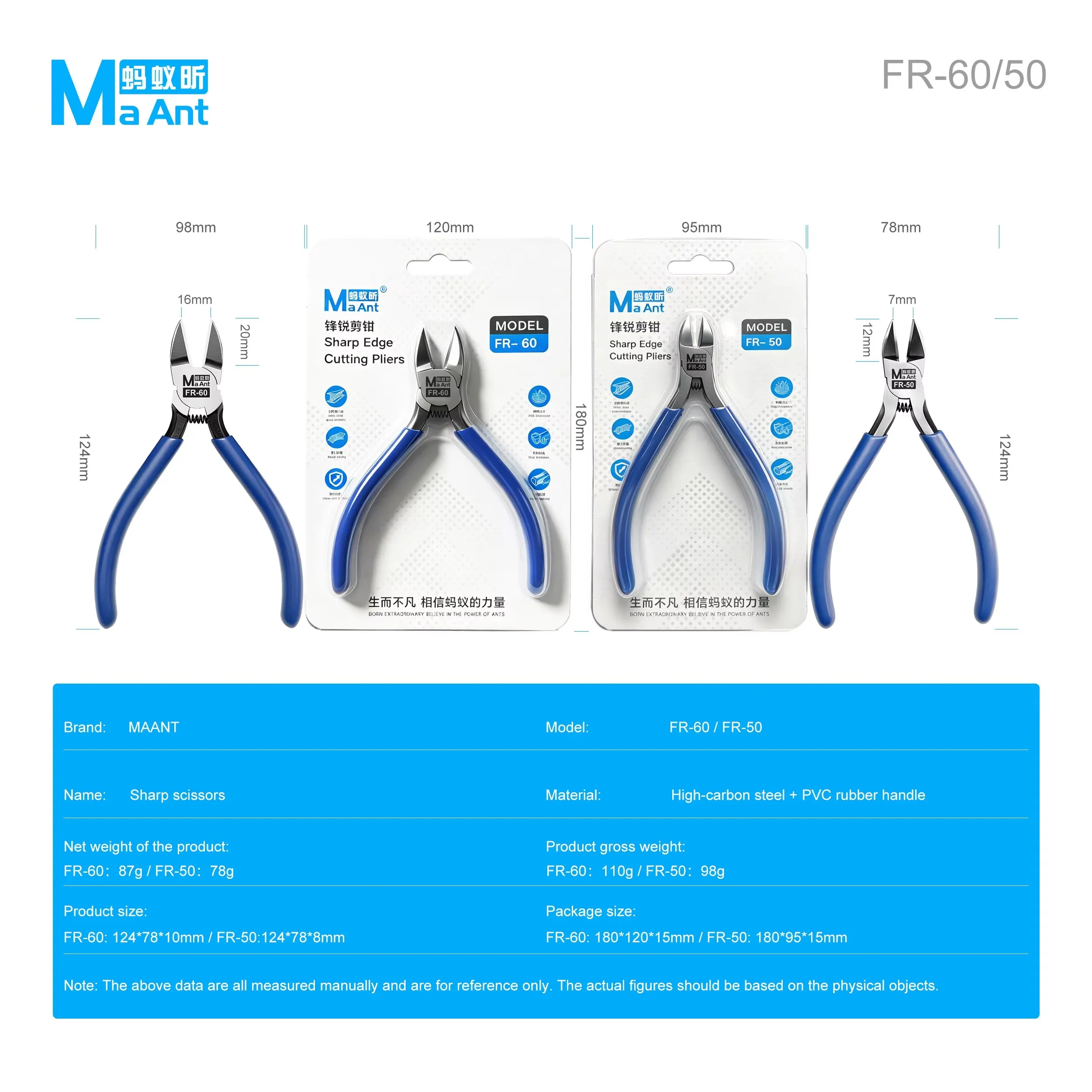 MaAnt FR-50 FR-60 Sharp Edge Cutting Pliers High Carbon Steel Spring Return Diagonal Cutter for Wire PCB Pin Plastic Repair Tool
