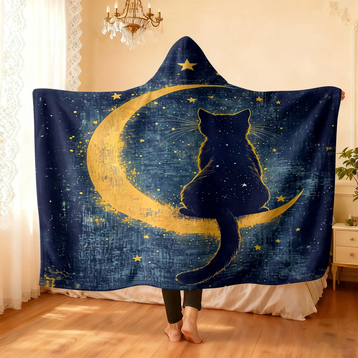 1pc Moon Cat Printed Flannel Hoodie Wearable Cloak Blanket Soft Warm Multi Size Casual Blanket Machine Washable