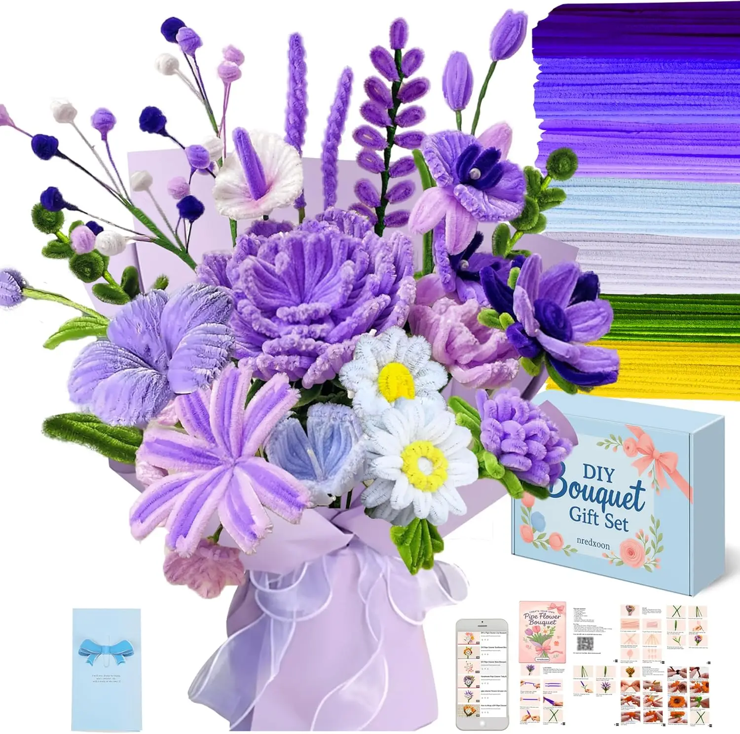 

Набор для творчества DIY: Пушистые цветы из синельной проволоки - 400 штук, 7 цветов, с подарочной коробкой и видеоуроком