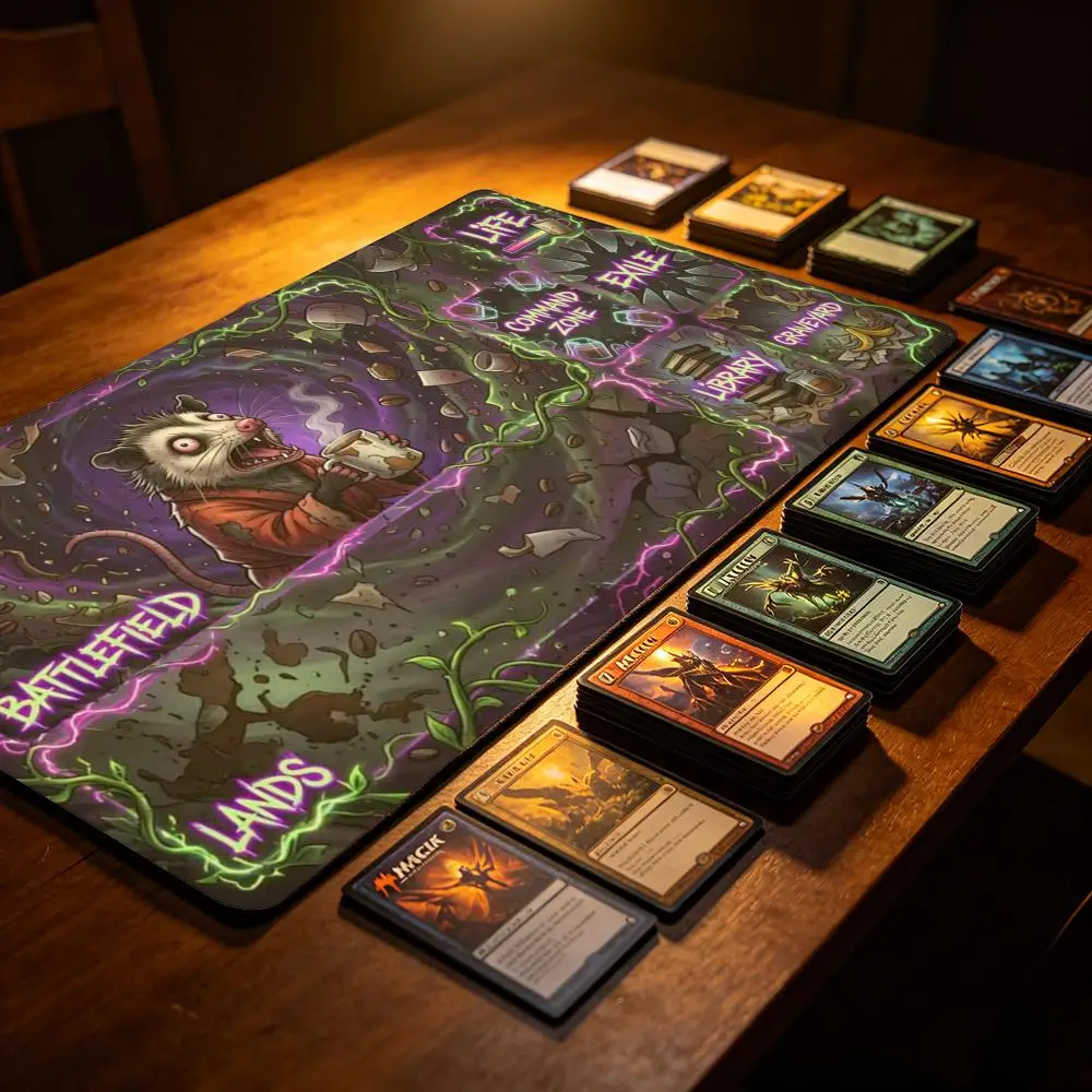 Funny Crazy Opossum Large Gaming Desk Mat Purple Lightning MTG Zoned Battlefield Premium Non Slip Rubber TCG Playmat Gift