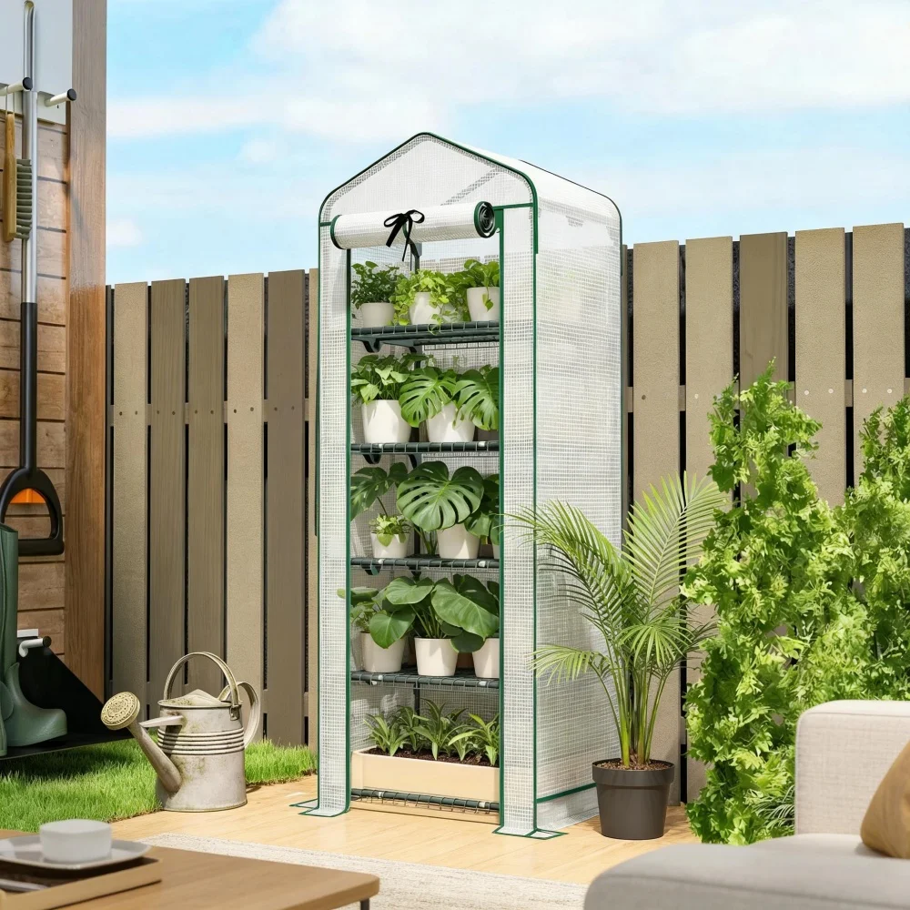 5-Tier Mini Greenhouse with Reinforced PE Cover, Portable Plant Growing Rack with Roll-Up Door, Heat Preserved & Bird Proof Greenhouse for Indoor/Outdoor