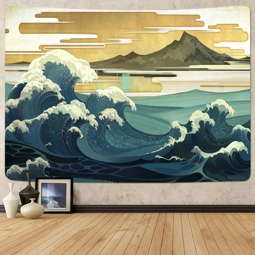 Great Sea Wave Tapestry Asian Anime Mount Red Sun Cherry Blossom Tapestry Home Living Room Bedroom Wall Modern Art Tapestries