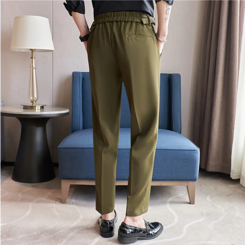 British Style Summer New High Waist Casual Pant Men With Elastic Waistline Design Suit Pants Social Wedding Party Formal Pants