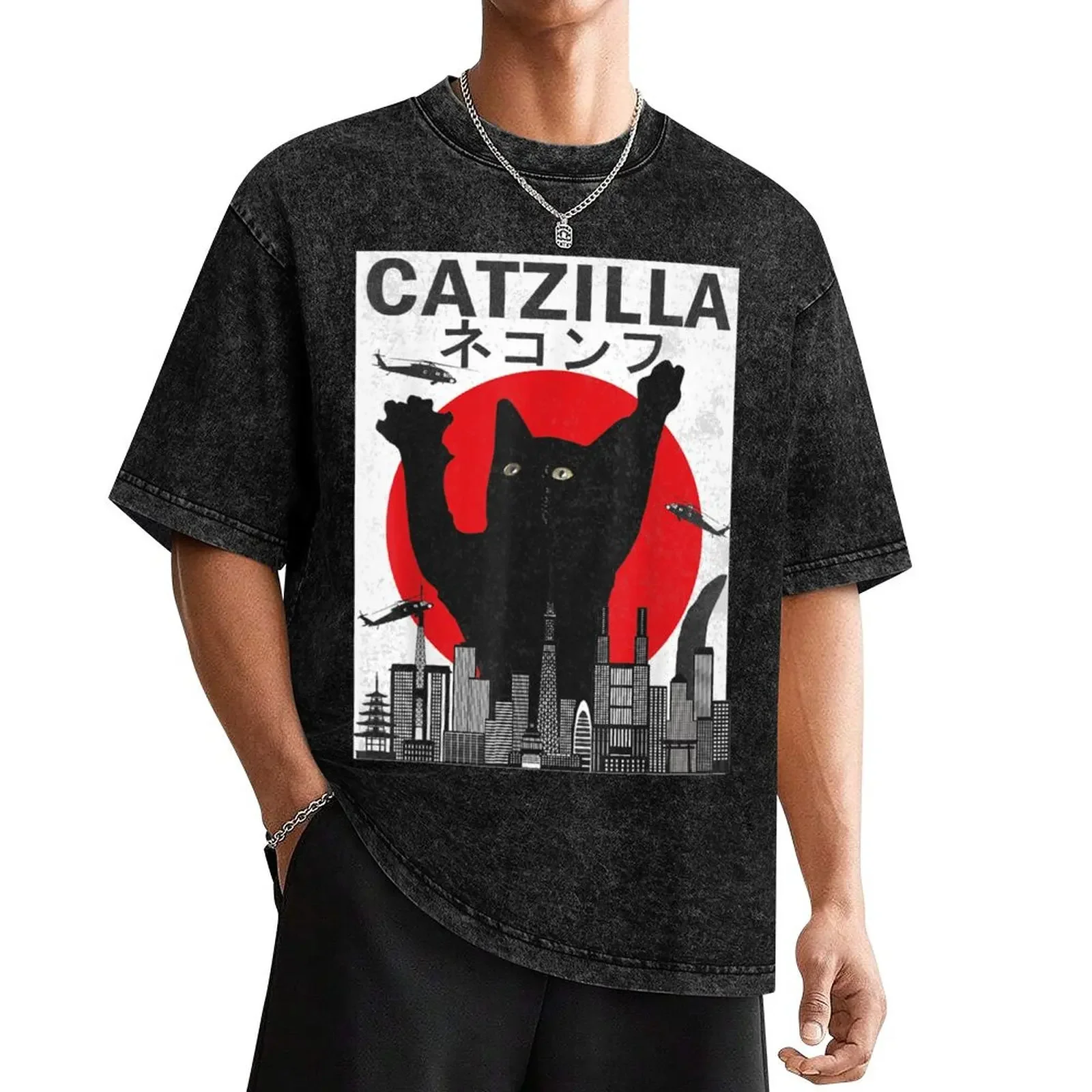 

Vintage Catzilla Japanese Sunset Style Cat Kitten Lover T-Shirt basketball graphic tees anime t shirts T-shirts for men cotton