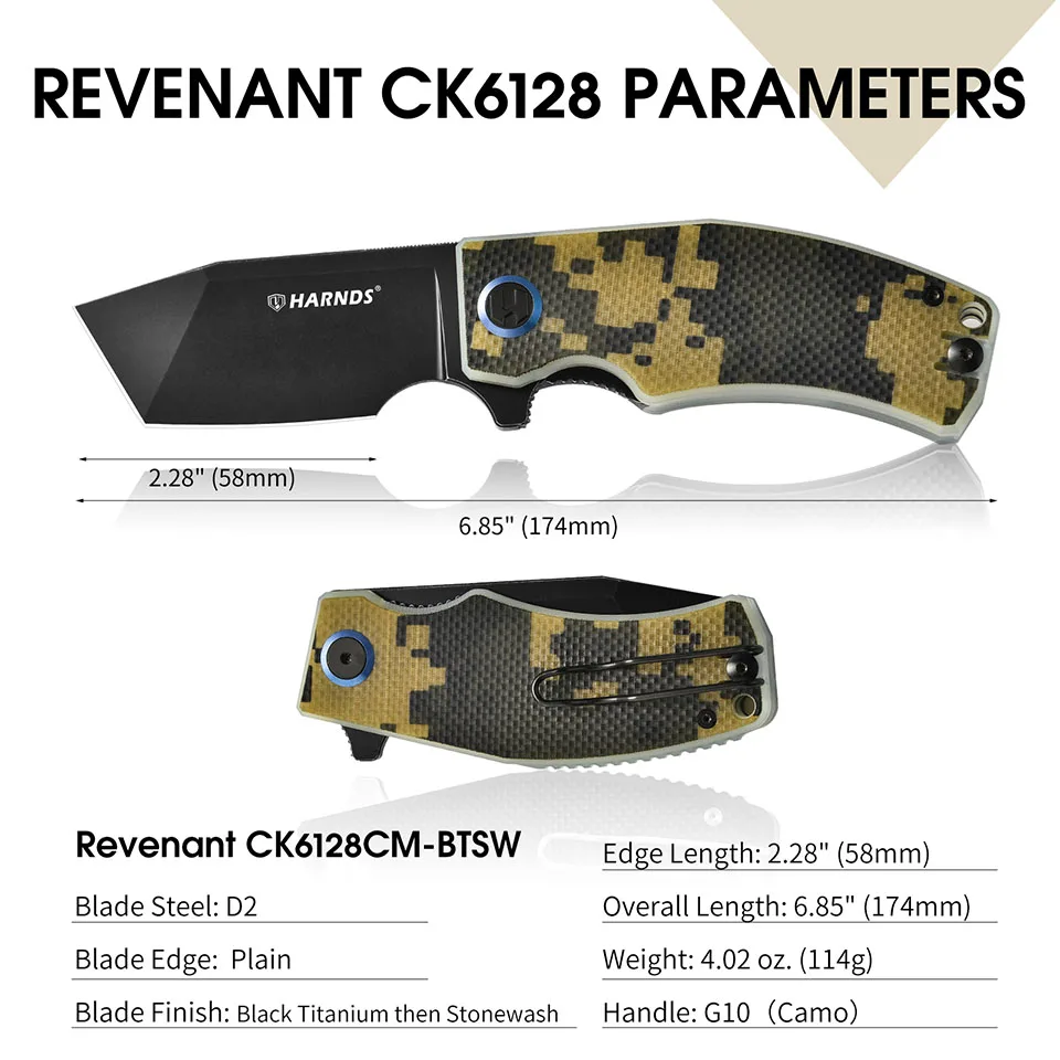 HARNDS Revenant Pocket Knife D2 Steel Folding Knife Tanto Blade EDC BBQ Knife with Pocket Clip G10 Handle Survival Hiking Knives - view 2