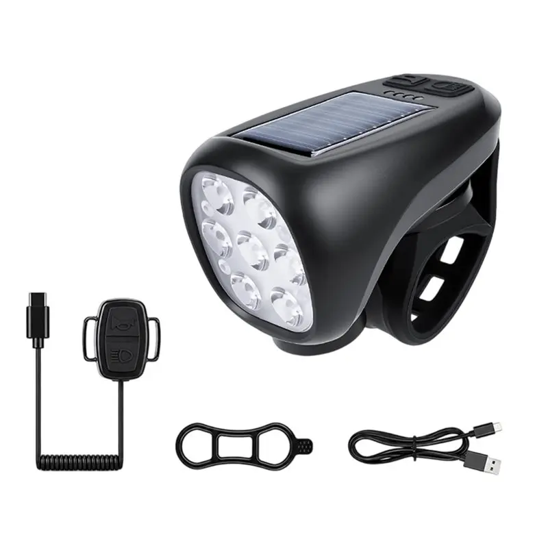 A64T-Bike Solar Lights With 7 LED, Horn, 120DB Bicycle Headlight Type-C Rechargeable Front Lamp Cycling Bells Highlight Light