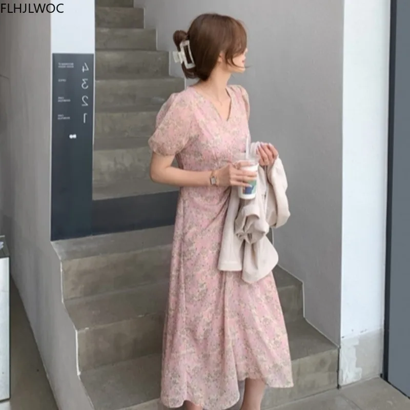 Korean Chic Dress Elegant Office Lady Temperament New 2020 Floral Print V Neck A Line Retro Vintage Dress Pink Vestidos