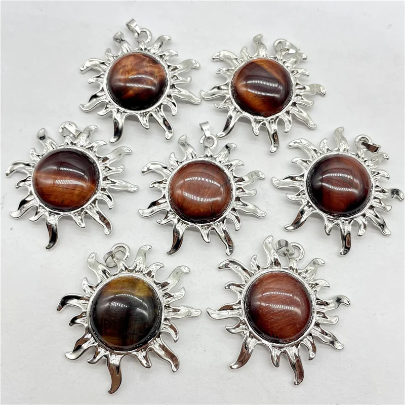 Imagem -05 - Gem Stone Sun Pingente Cristal de Quartzo Tiger-eye Liga de Prata Acessórios Colar Fazer Jóias Moda 10 Pcs Natural