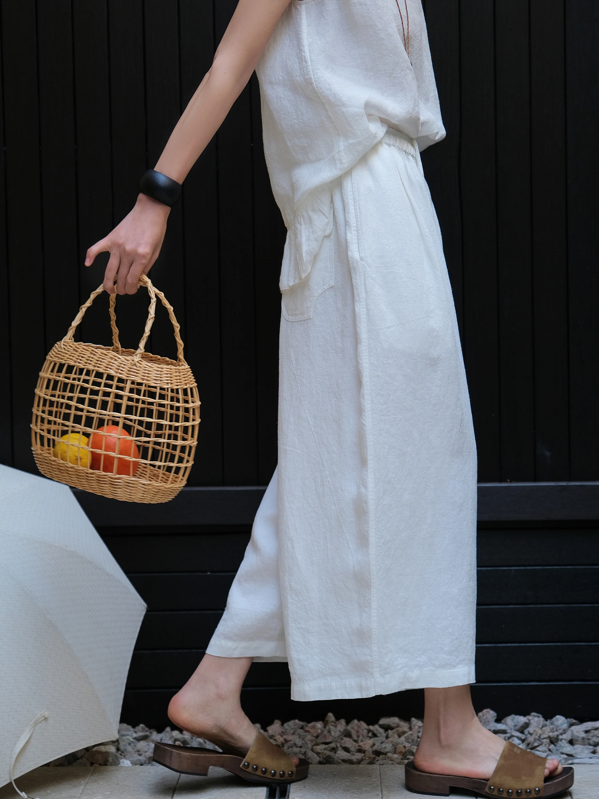 

New Spring Han Han Malt Elastic Waist Straight Leg Wide Leg Pants Artistic Casual Loose Fit Eighteen Inches Flared Trousers