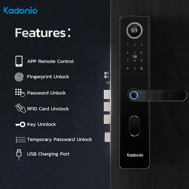 Kadonio Keyless Peephole Cam Lock Biometric Fingerprint Visible Doorbell Password Digital Door Lock