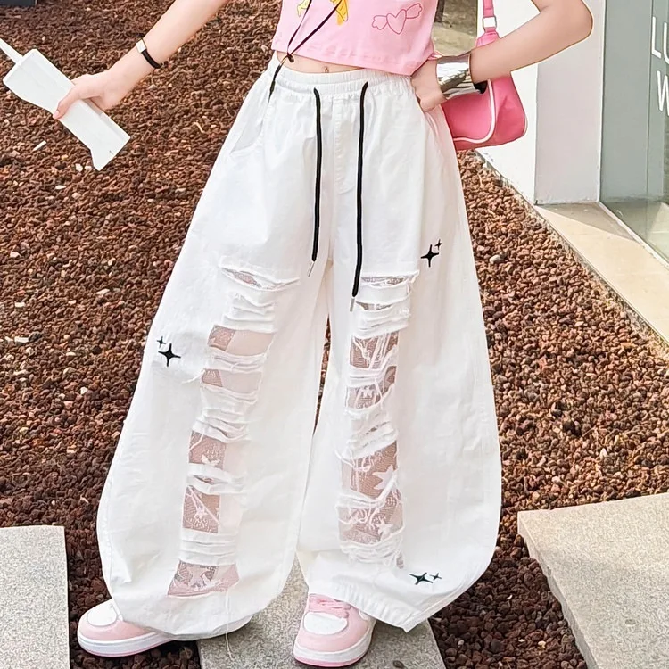 Kids Fashion Street Style Y2K Clothes Set Outfits For Girls Summer T-shirt+Broken Pants Streetwear Children Cool Clothing Suit