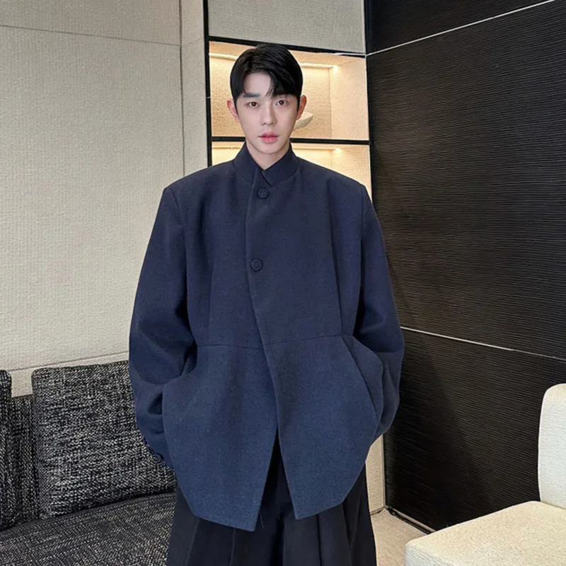 

SYUHGFA 2025, мужские шерстяные пиджаки в корейском стиле с воротником-стойкой, однотонные однобортные плиссированные дизайнерские свободные мужские пиджаки