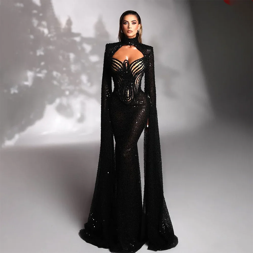 

Sparkly Sequined Beading Mermaid Evening Dresses Special Occasion Dress High Collar Illusion Long Sleeves Formal Prom Gowns