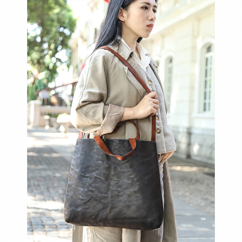 Genuine Leather Women's Bag Italian Vegetable Tanned Cowhide Commuter High Capacity Tote Bag Retro One Shoulder Handbag New