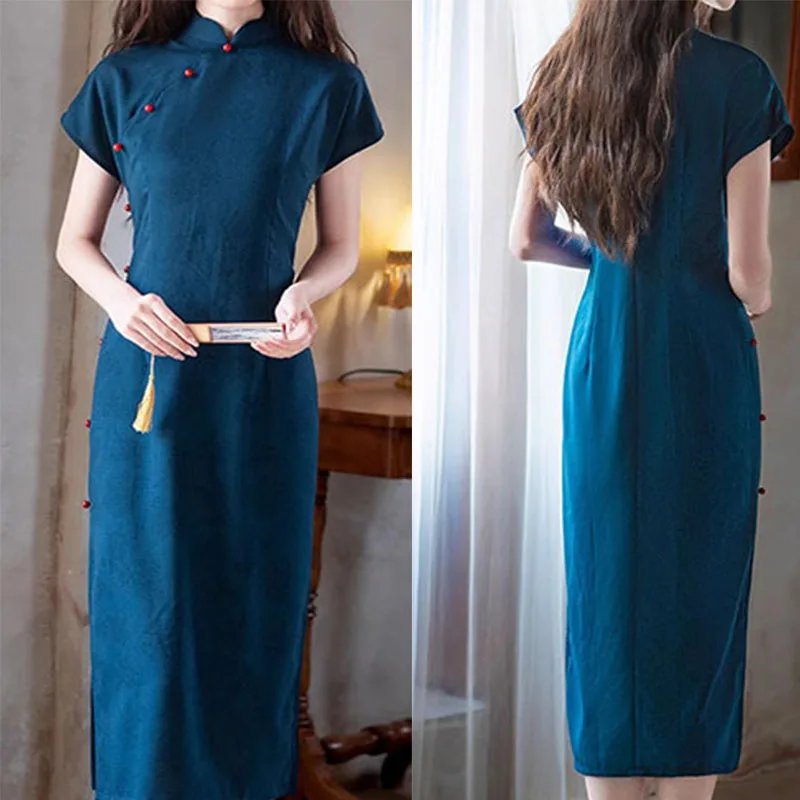 Blue Jacquard Qipao Sexy Women Dress Red Vintage Button Cheongsam Short Sleeve Vestidos Mandarin Collar Vestidos Plus Size 3Xl