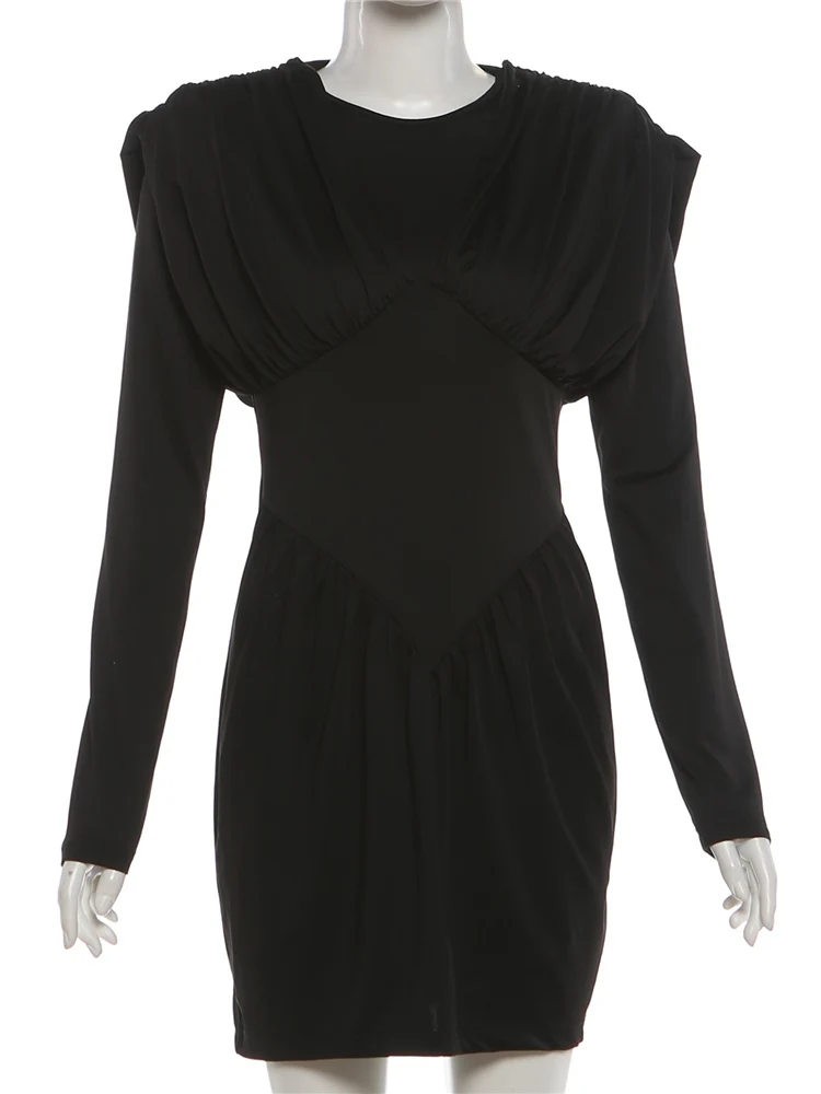 Sukienka damska z marszczeniami, patchworkowa, z dekoltem typu O, prosta, elegancka, marszczona, wiosenny trend, długi rękaw, gładka, elastyczna, obcisła mini bodycon