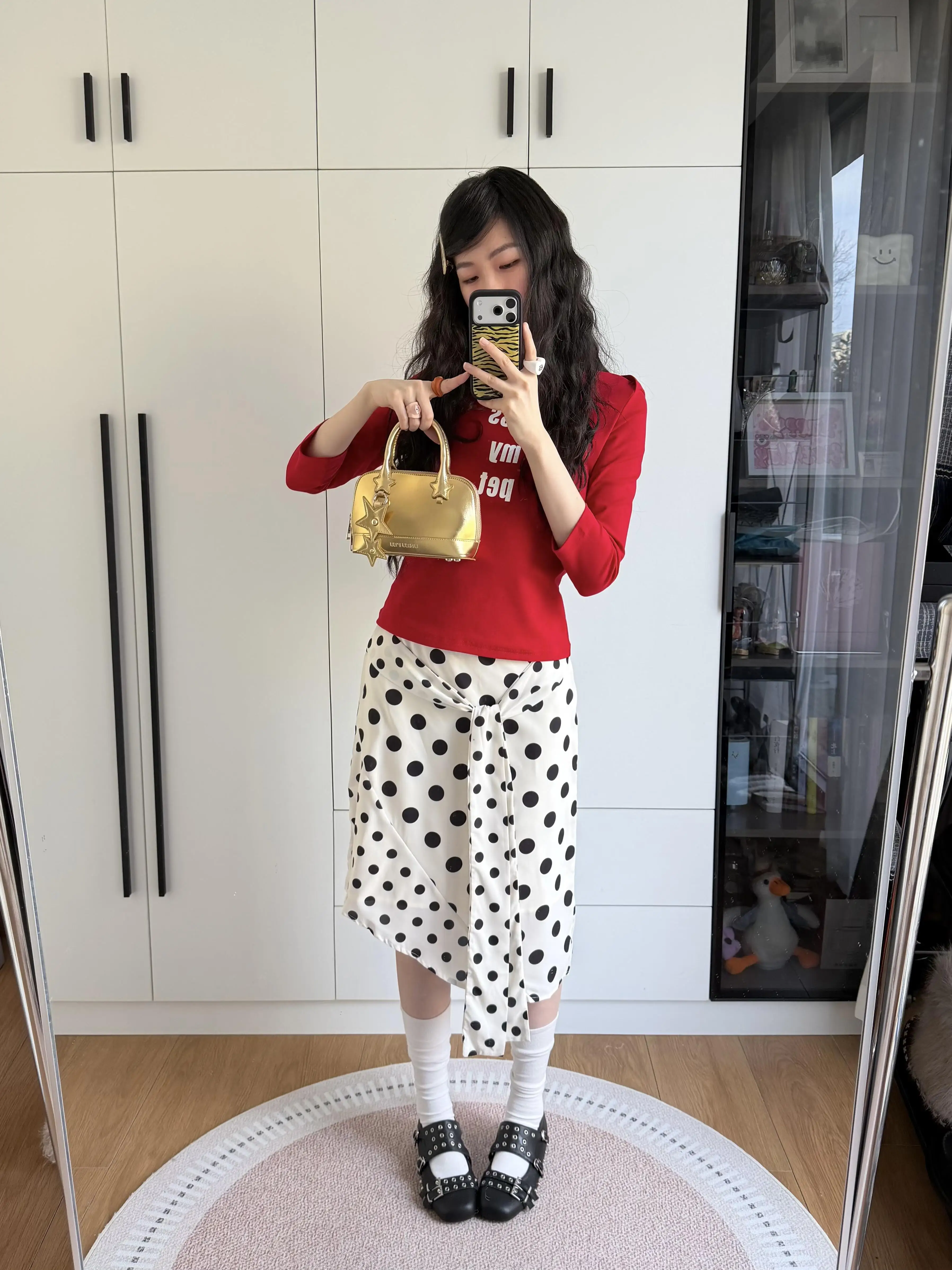 American Retro Splicing Elastic Waist Head Versatile Slant Cut White Polka Dot Half Skirt Women Spring Summer Irregular mid L...