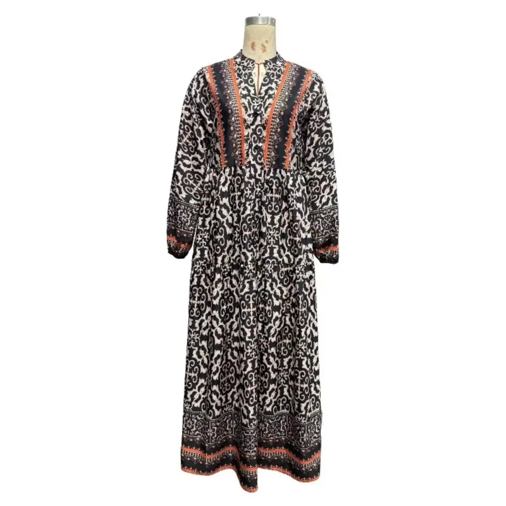 Vestido largo holgado de manga larga con cuello en V, elegante y a la moda, vestido largo informal estampado a la moda de otoño para mujer, vestido con patrón 2025