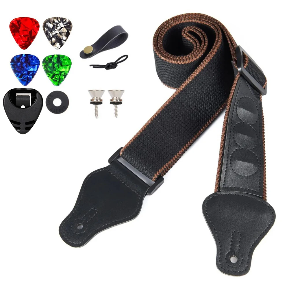 11 Teile/satz Gitarrengurt Schwarz PU Leder & Baumwolle für Gitarre Ukulele Bass mit Gitarrenplektren, Plektrumhalter, Gitarrengurt Knopfnägel
