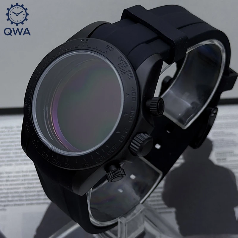 

QWA VK63 39 мм Dayton полностью матовый черный с черным резиновым ремешком сапфировое стекло подходит для VK63 кварцевый механизм аксессуары для часов