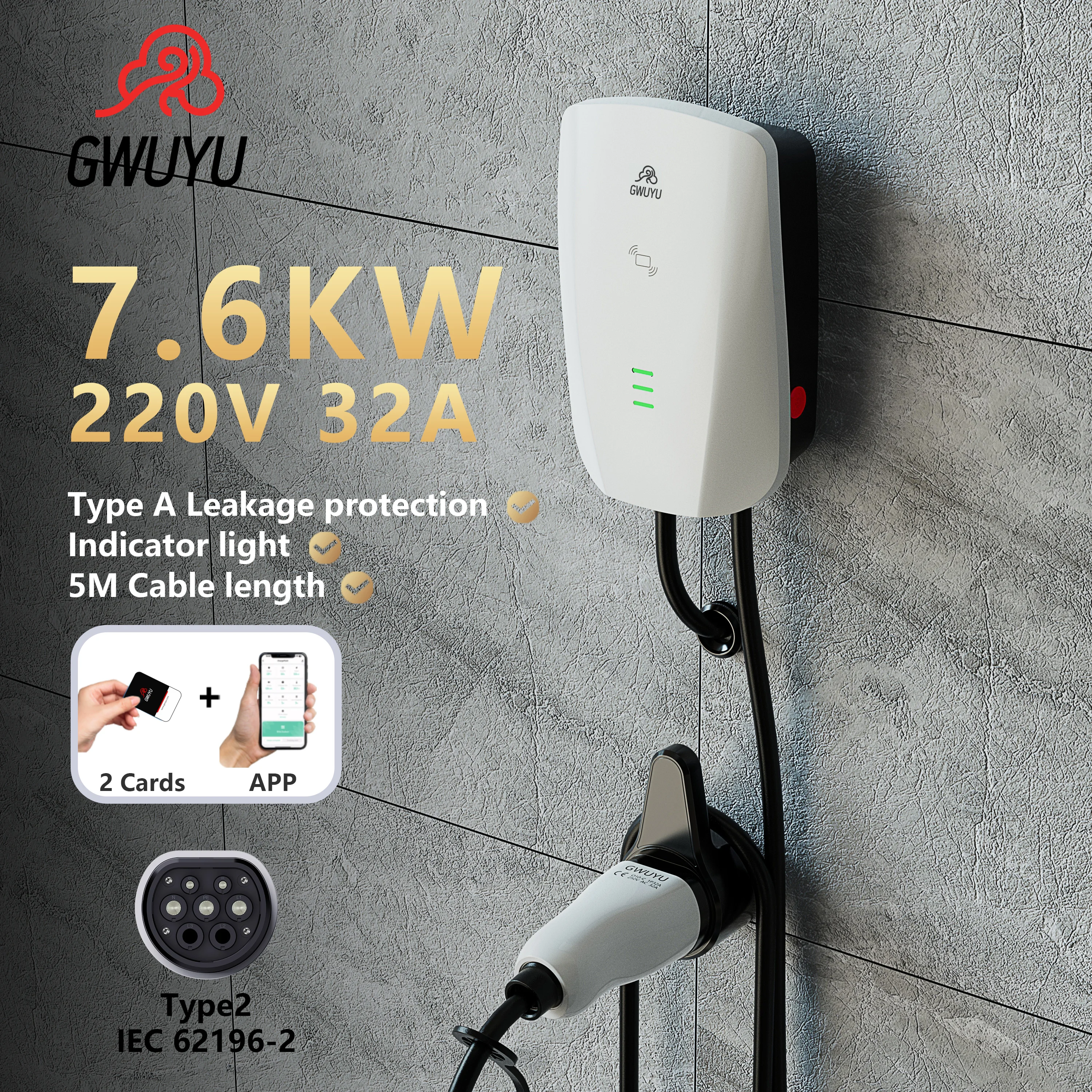 GWUYU JZ80 EV Charging Station Type 2 7.6KW 32A 11KW 16A 3 Phase 380V App Control Adjustable Current Electronic Vehicle Charger