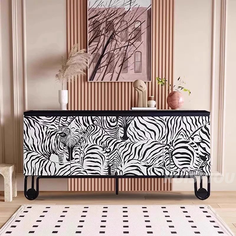 Light Luxury Italian Solid Wood Sideboard Black White Zebra Multi-Layer Storage Shoe Cabinet Home Porch Cabinet Bedroom TV