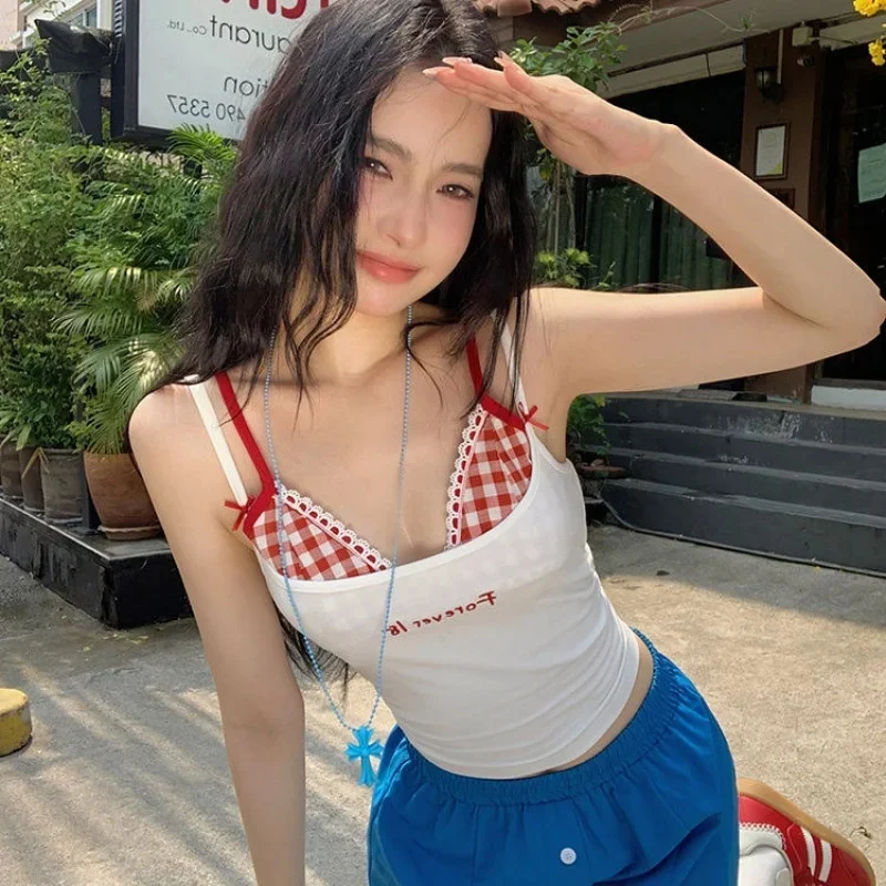 

Women's Lace Patchwork Crop Top Sets Square Collar Sleeveless Camis Plaid Sexy Aesthetic Harajuku Slim Suits for Girls Y2k 2 Pcs