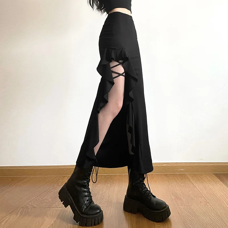 ALLNeon Gothic Black High Waist Bodycon Mid Skirt E-Girl Punk Ruffles Split A-Line Skirts Y2K Fashion Women Streetwear Bottoms