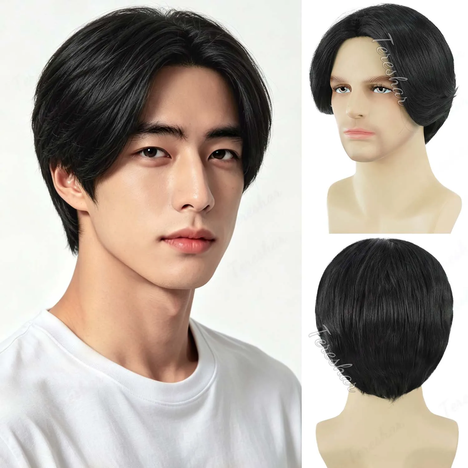 

Synthetic Black|Brown Wig for Men Short Straight Boy Wig Middle Part Funny Wigs for Male Daily Party Halloween, Leon Cosplay Wig