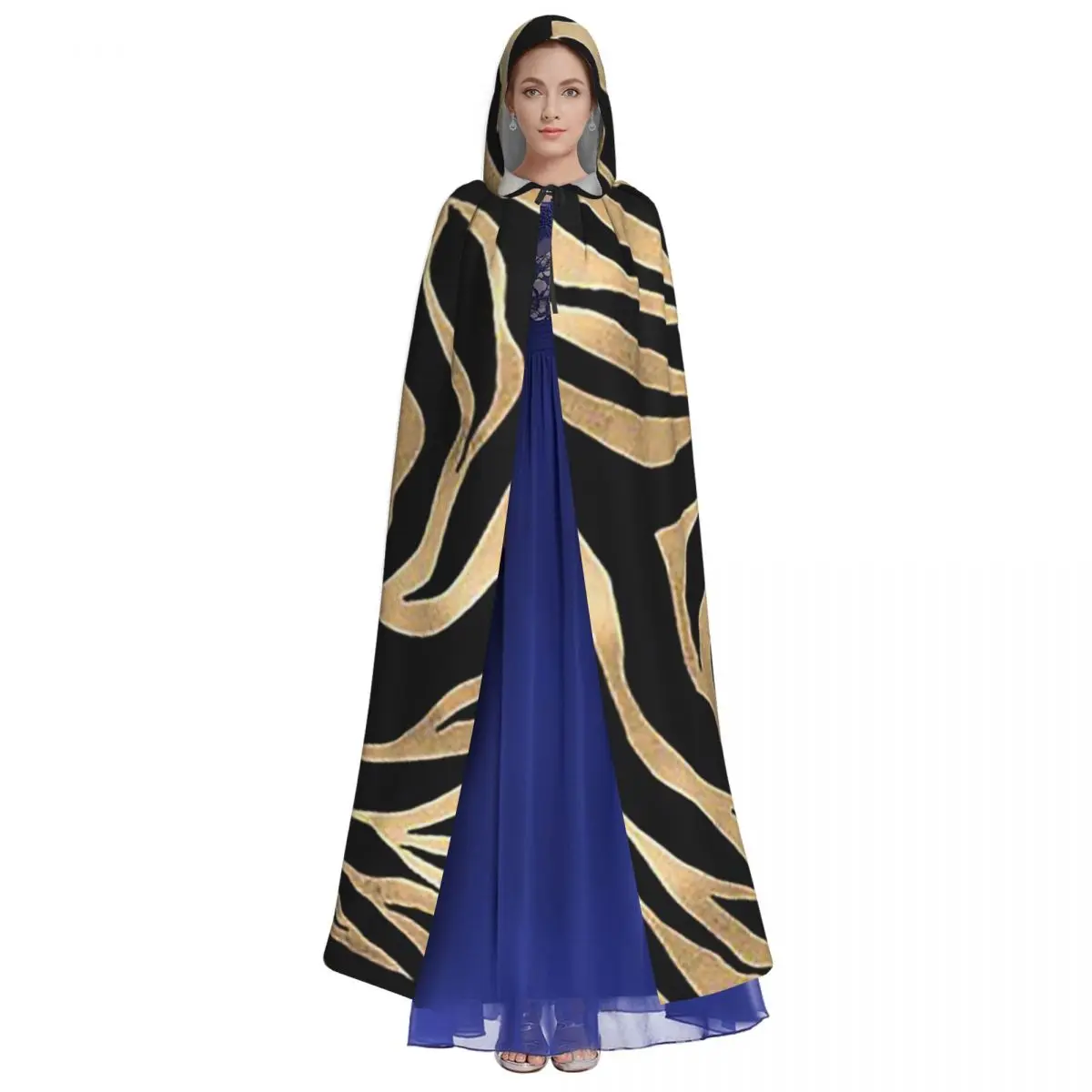 أنيقة معدنية الذهب زيبرا الأسود الحيوان طباعة طويلة مقنعين عباءة الساحرة القرون الوسطى زي تأثيري كيب HalloweenParty الكبار للجنسين
