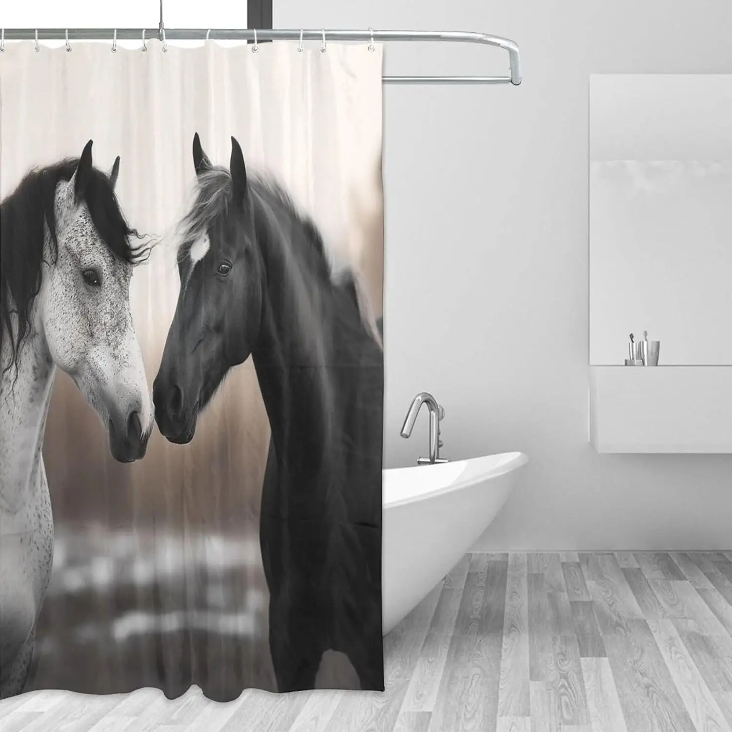 

Black and White Horses Shower Curtain Sets with 12 Hooks Waterproof Bath Curtain Heavy Duty Thick Bathtub Curtains Washable Clot