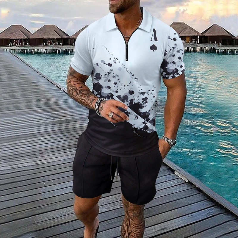 Beach Casual Pattern Print Two Piece Suits Mens Summer Fashion Lapel Short Sleeve Polo Shirt And Shorts Outfits Men Leisure Sets