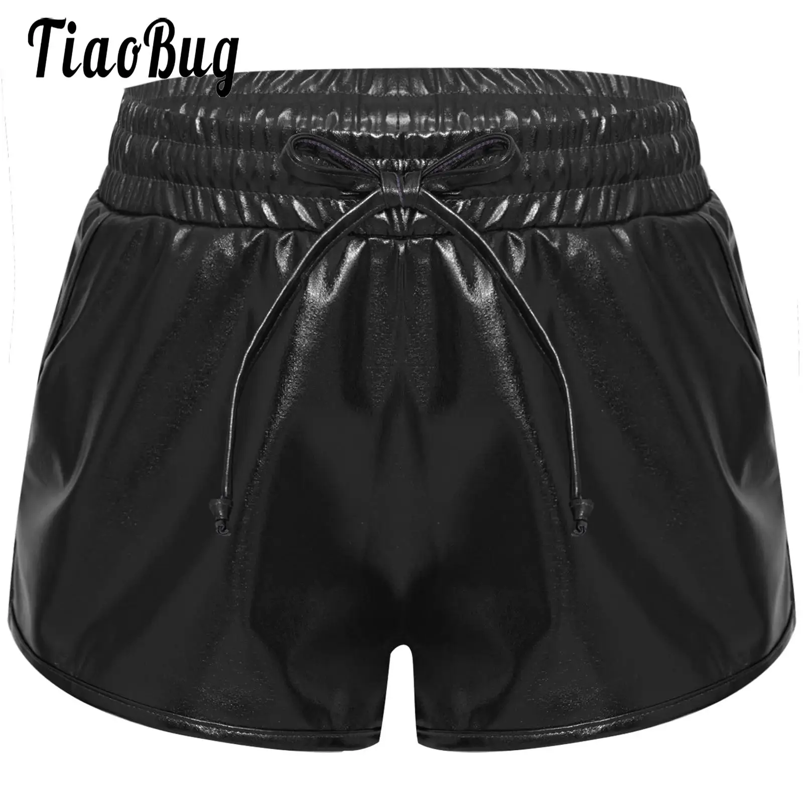 

Kids Girls Metallic Shiny Shorts Dancing Show Costume Drawstring Elastic Waistband Hot Pants Bottoms with Pockets for 3Y-12Y