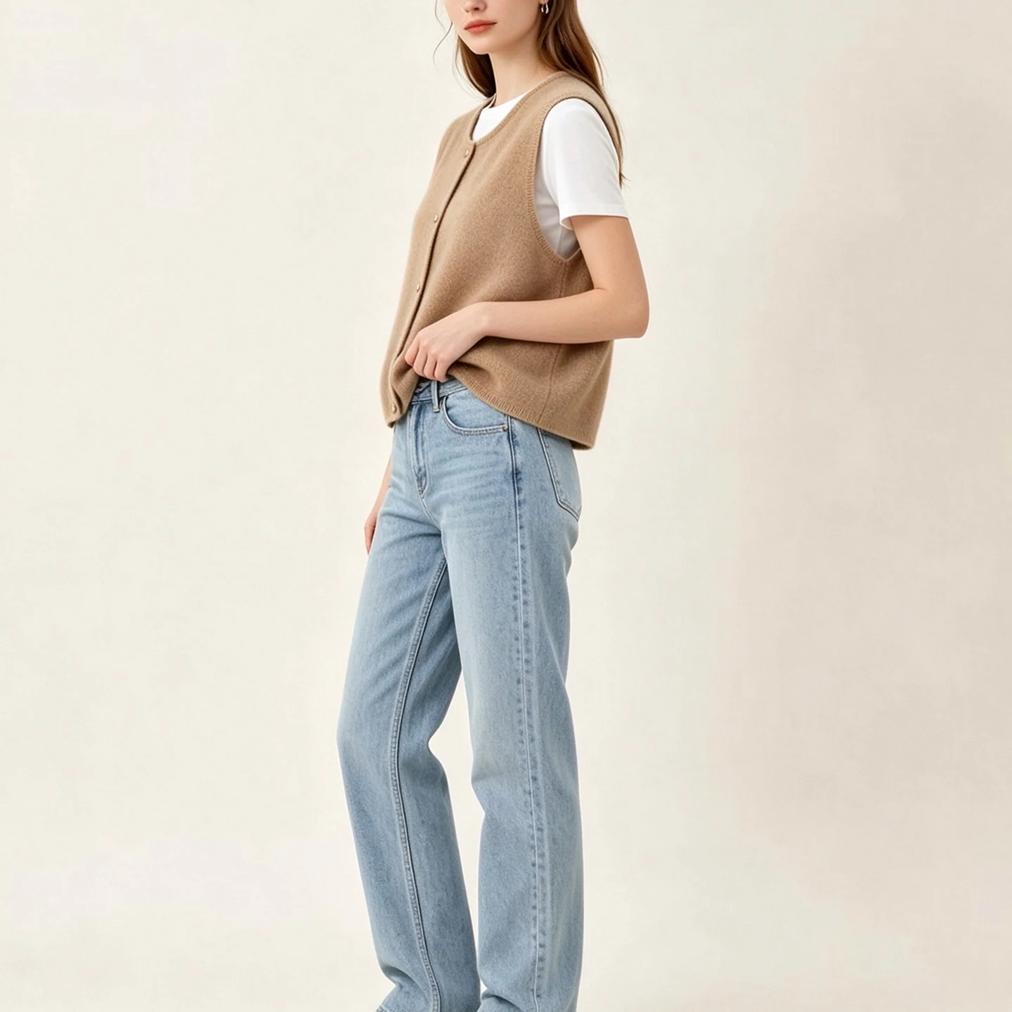 Fashionable Metal Buckle Decorated Sleeveless round Neck Open Cardigan Top Women's Autumn Wear ZADATA Brand Regular Length