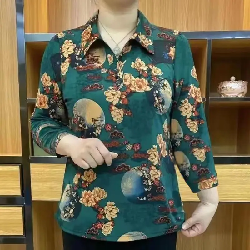 Elegant Vintage Women Long Sleeve Floral T-Shirt Spring Autumn New Tees Female Clothing Casual V-neck Loose Fashion Casual Tops