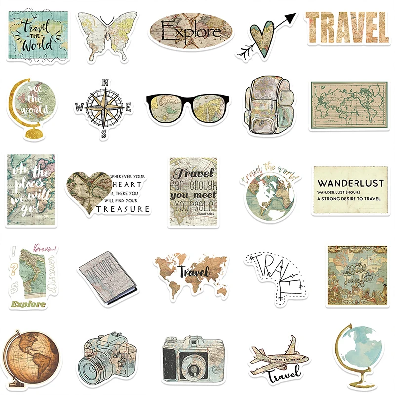 50 SZTUK Vintage Mapa Świata Podróż Naklejki PVC Estetyczna Dekoracja Scrapbooking Butelka na Wodę Gitara Notatnik Naklejki Zabawki dla Dzieci Prezent