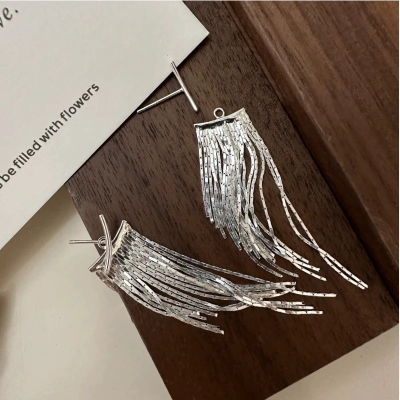 S925 pure silver Korean version niche design tassel earrings Korean version simple and fashionable INS style retro ear accessori
