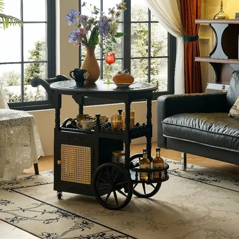 Solid wood cart relief process folding coffee table black mobile small dining cart