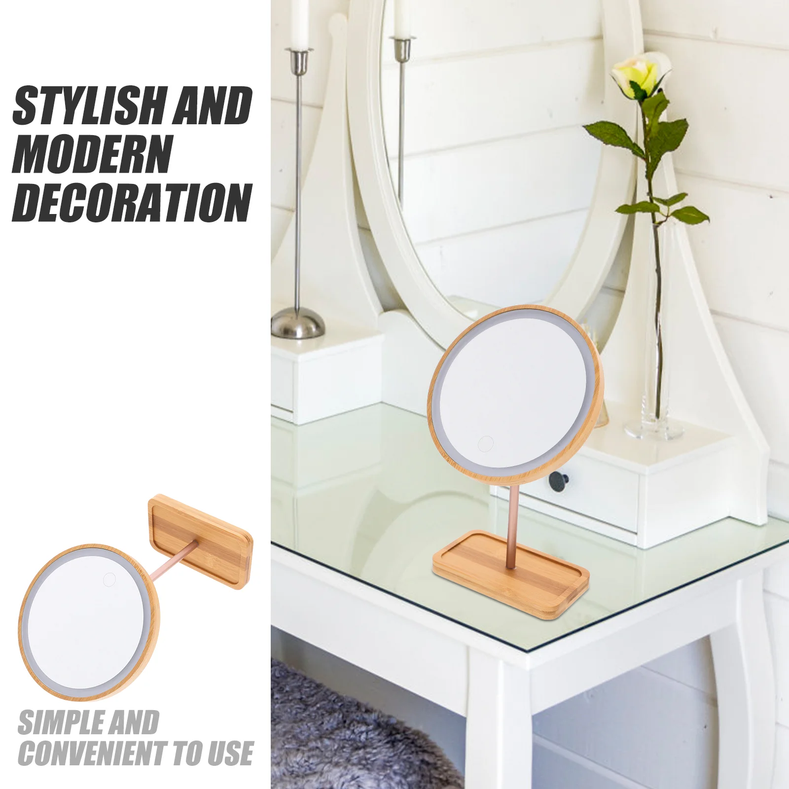 Makeup Mirror with Light Swivel Mirrors Lighting LED Tabletop Make-up Desktop Rechargeable Bedroom Lights Vanity