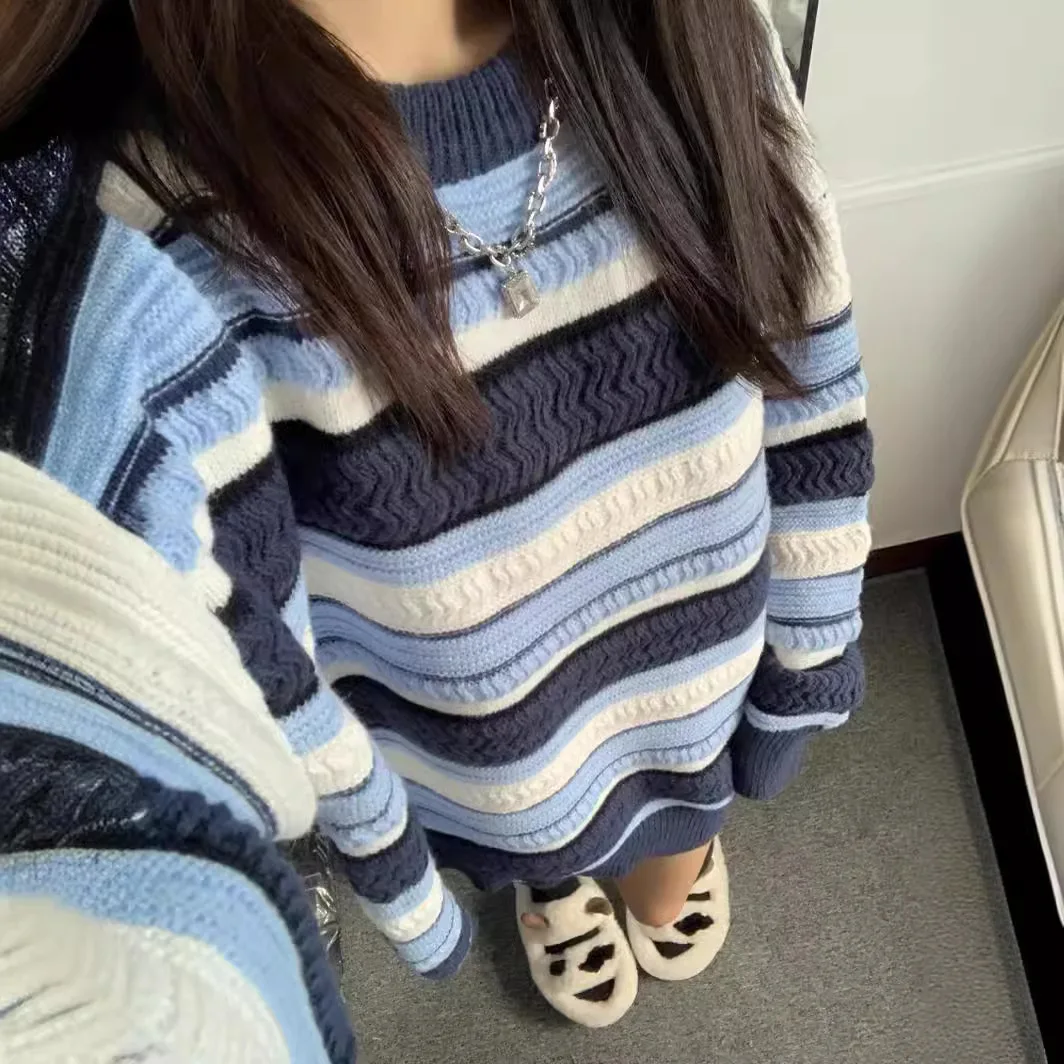 2025 outono novo sle feminino preguiçoso faion redondo ne suéter de malha listrado padrão macio cor fofa top quali acr...