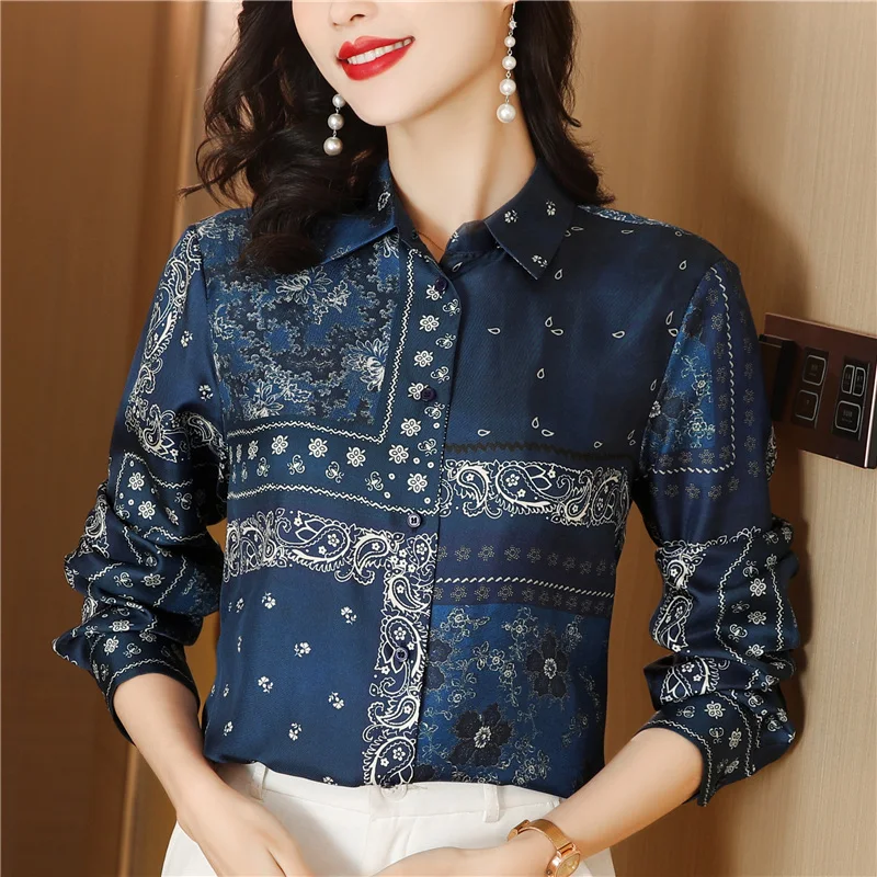 

2026 Women Silk Blue Print Long Sleeve Satin Shirts Korean Elegant Casual Blouses Spring Fashion Bodycon Office Lady Shirts