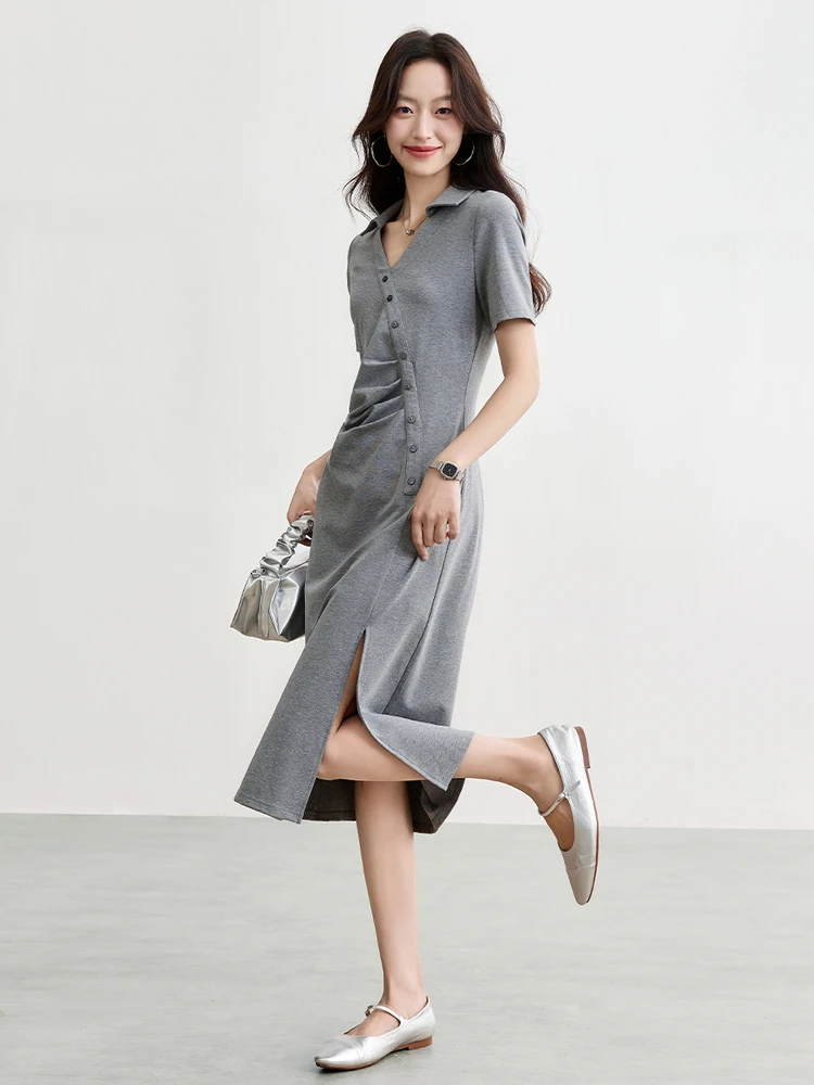 

SENTUBILA Summer Knitted Dress Women Pinch Pleated Dresses 2025 New Collection Polo Neck Oblique Buckle Simple Clothes 152LM2040