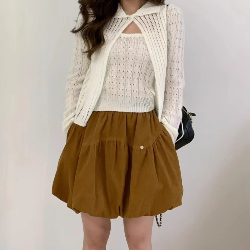 

Simple Plain Color Two-piece Knitted Camisole Long Sleeve Cardigan Sweater Set for Women