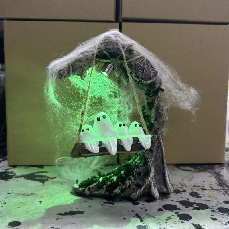 Glowing Halloween Ghost Resin Figurine Swing Decor Cute Spooky Tabletop Ornament for Home Garden Porch Yard Gift