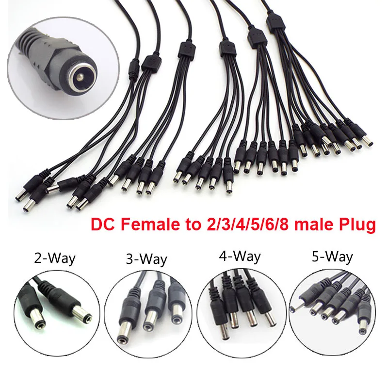 DC Power Splitter Plug cabo para câmera de segurança CCTV, adaptador de alimentação, acessórios, 2.1*5.5mm, 1 fêmea para 2, 3, 4, 5, 8 Masculino, a7