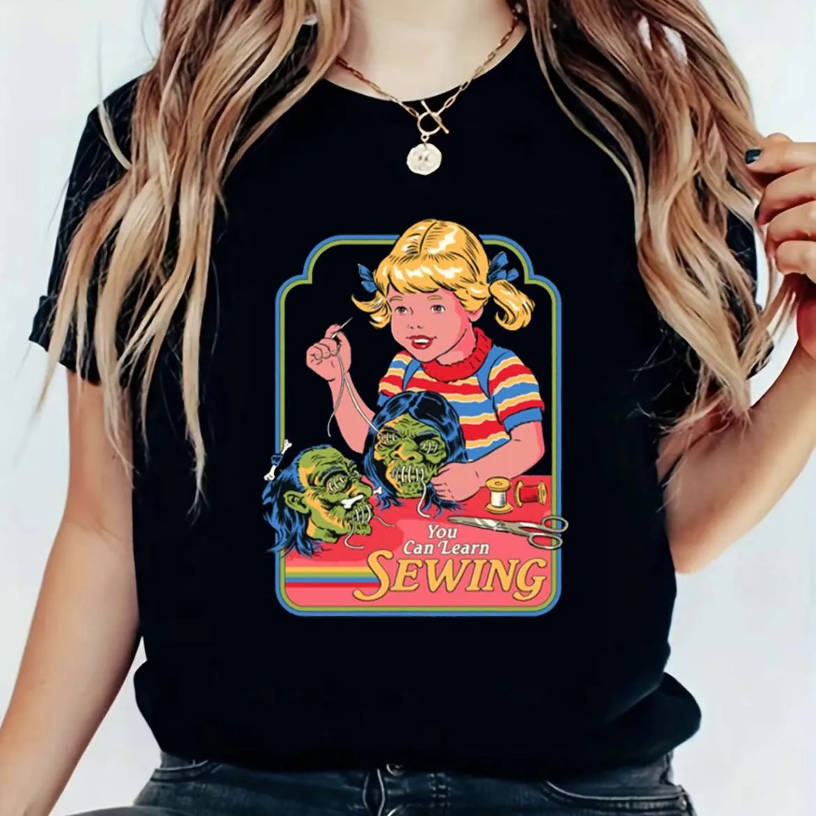 You Can Learn Sewing T-Shirts for Women Vintage Supernatural Halloween T Shirts Short Sleeve Loose Trendy Cartoon Graphic Tees