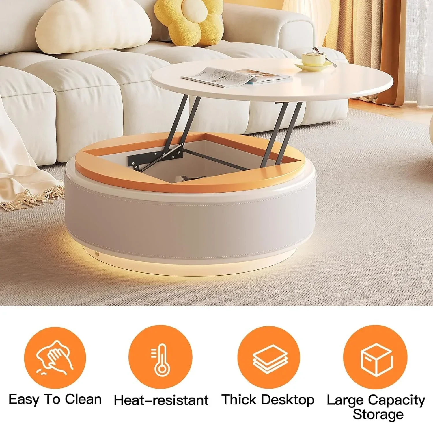 Lift Top Coffee Table with LED,Small Round Center Table for Dinner Room,Cute Side Table for Small Space for Living Room